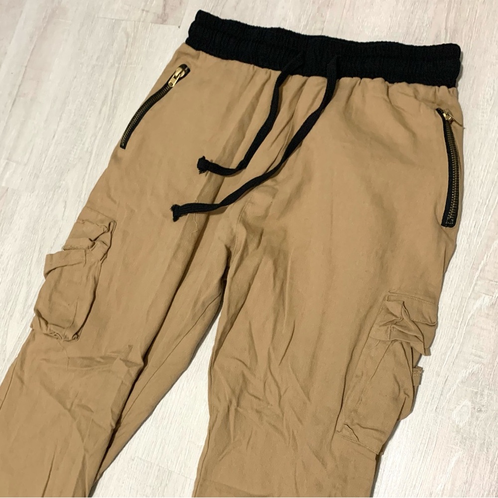 MNML Cargo Drawcord Jogger Pants Khaki Black Drawstring Large - Picture 9 of 12